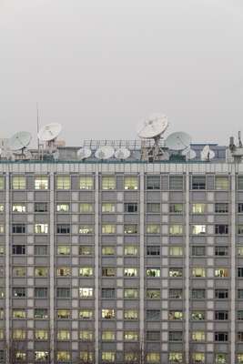 Satellite dishes on a Xinhua office building