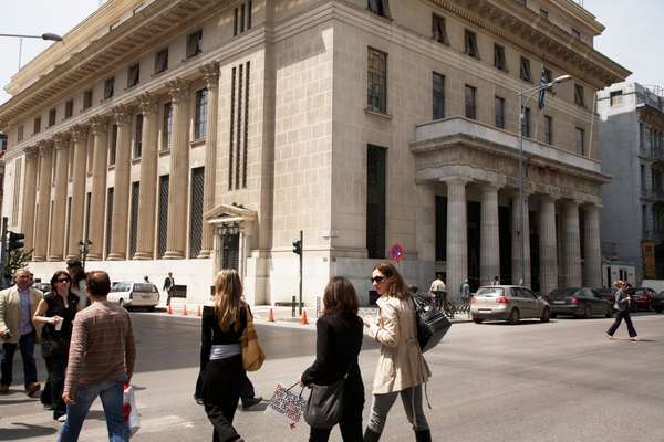 The grand marble Thessaloniki HQ of the National Bank of Greece, just steps from the Stock Exchange