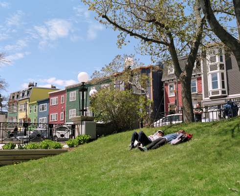Friends taking in some rare sunshine in downtown St John’s