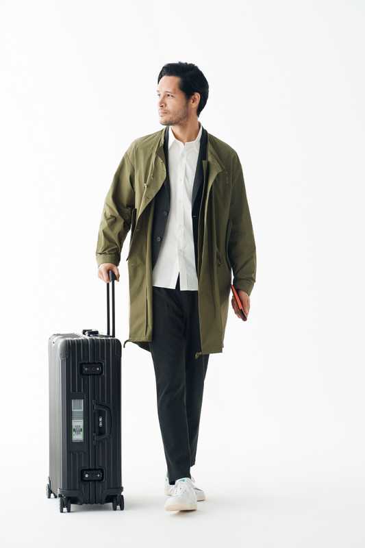 Coat by Pine, jacket and trousers by United Arrows, shirt by Head Porter Plus, trainers by Adidas Originals, suitcase by Rimowa, passport case by Porter