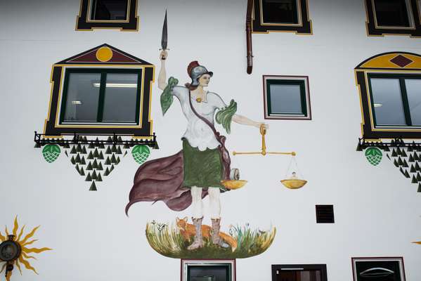 Handpainted mural at Forst laboratory where quality-control tests are done during phases of beer-making
