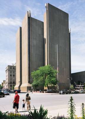 The city’s guillotine-like law-court building