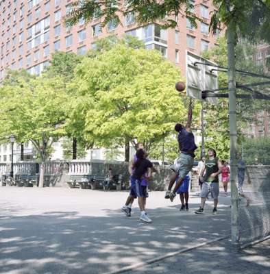 Playing basketball by the Hudson River