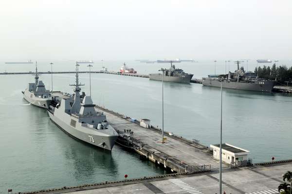 A view over frigates docked at the Changi naval base
