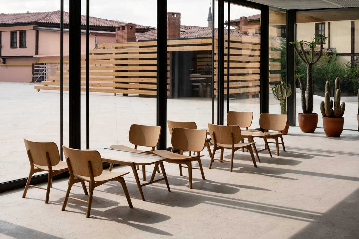 Kengo Kuma-designed  chairs in the café 