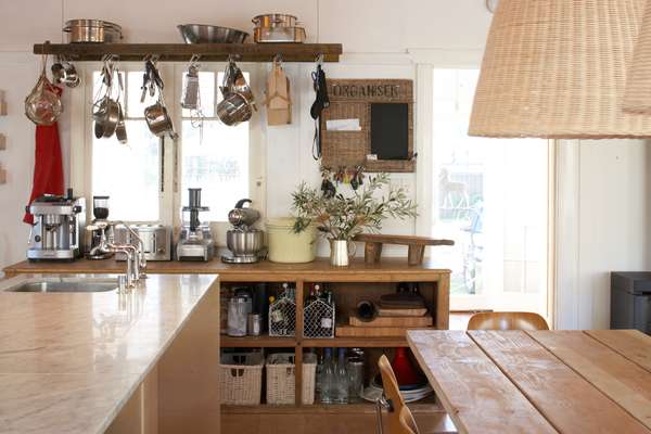 Kitchen, with simple, open-front cabinets