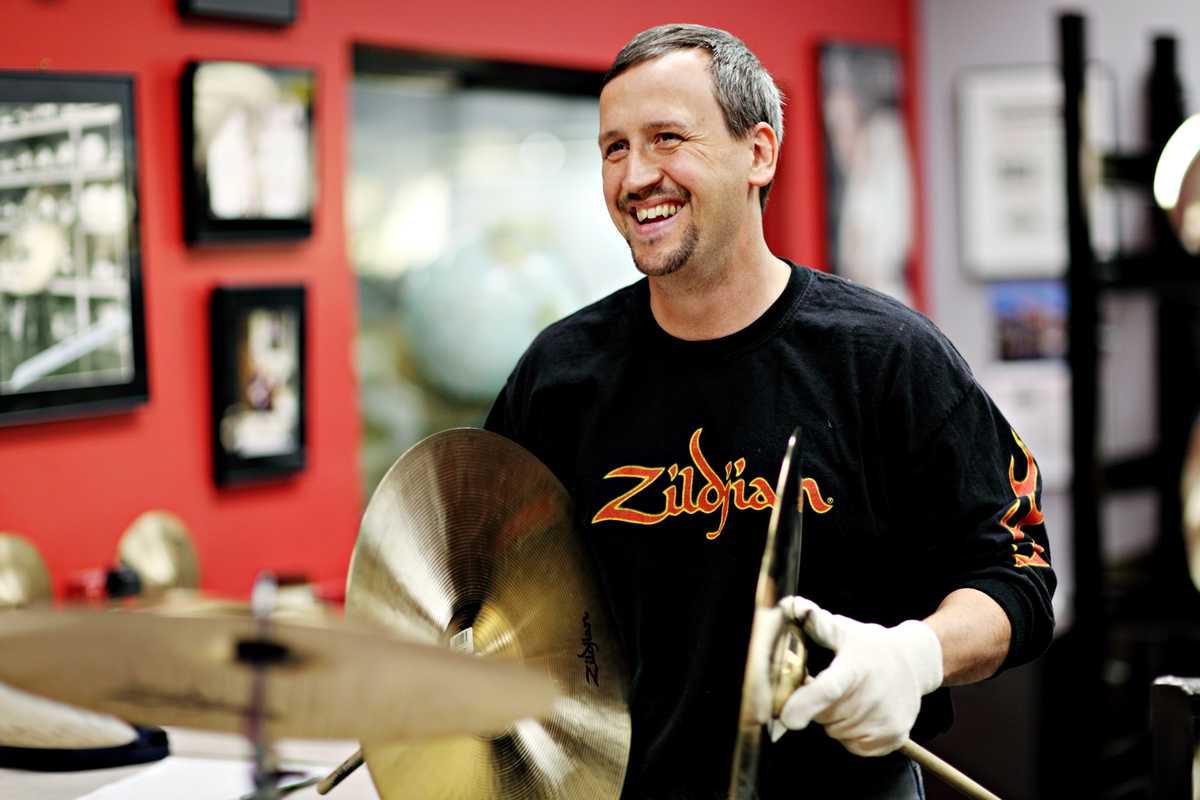 Jeff Westhaver in Zildjian’s cymbal sound testing room 