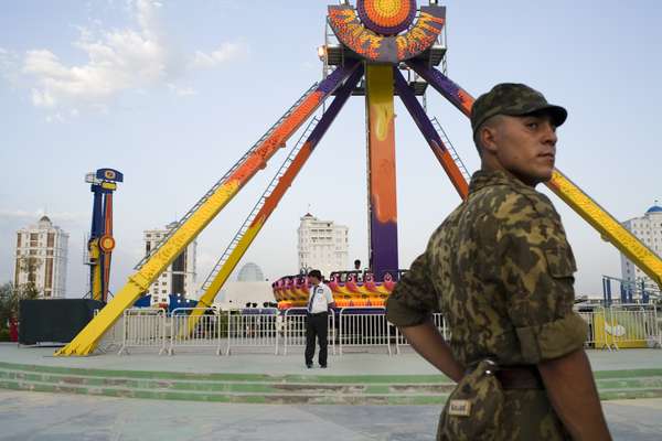 An army conscript at Ashgabat’s version of Disneyland