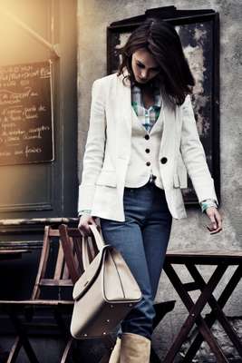 2. Jacket and waistcoat by Diane von Furstenberg, Shirt by Glanshirt, Jeans by Kitsuné, Boots by Hermès, Bag by Valextra