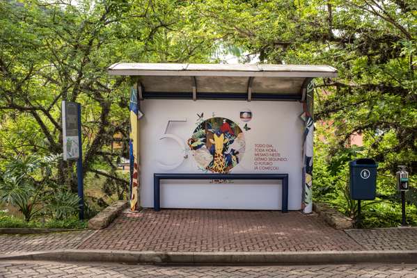 Suitably branded bus stop outside Globo’s studio in the west of Rio