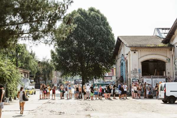 Queues extend to enter the pool area