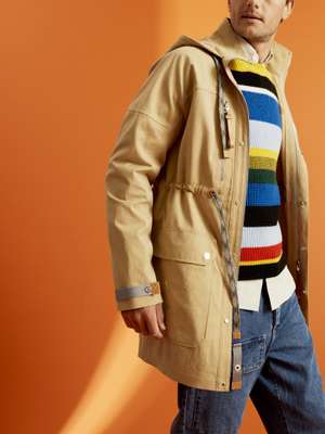 Long parka, striped jumper,  Oxford shirt and cargo jeans, all ELN 