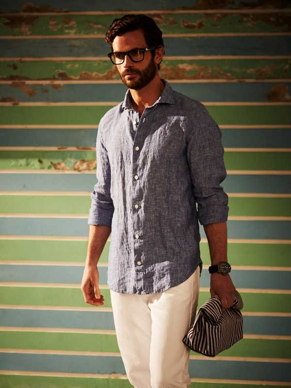Shirt and jeans by Eleventy, glasses by Oliver Peoples, watch by Victorinox, bag by Steve Mono