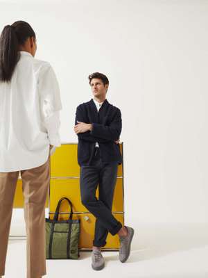 Left: shirt by Scye Basics, trousers by Massimo Alba, earrings by Ana Khouri. Right: jacket by The Gigi,  shirt by Brooksfield, trousers by Circolo 1901, trainers by CQP, bag by Porter