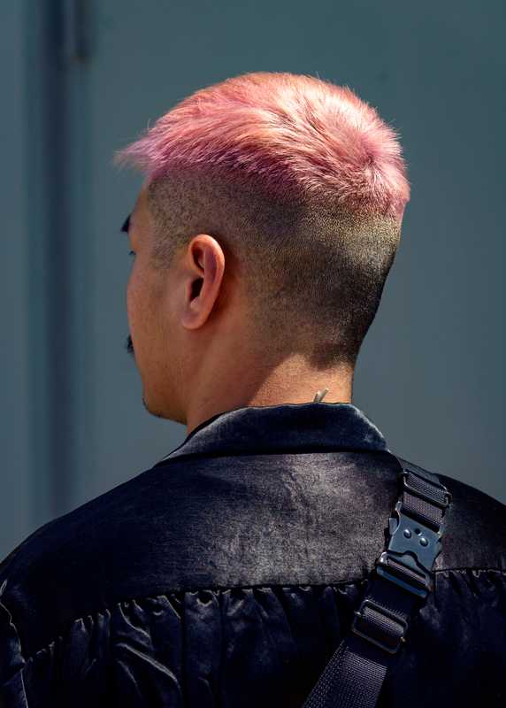 Chai: “It’s shaved on the side and I leave some volume on top. The pink’s a thing for people who want emphasis.”
