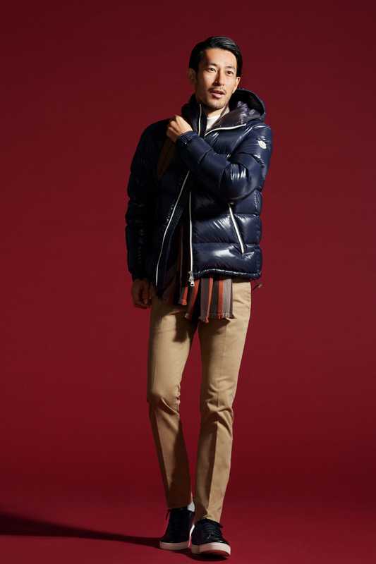 Down jacket by Moncler, highneck jumper by Gran Sasso from Beams, trousers by PT01, scarf by Fiorio from United Arrows 