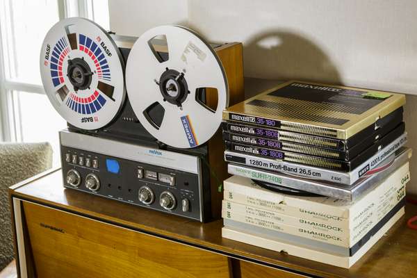 A tape recorder that artist Dieter Roth once owned and a stack of his work 