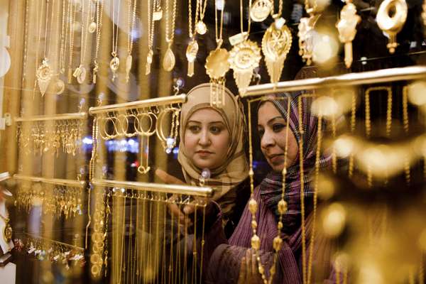A jewellery store with its gold on display