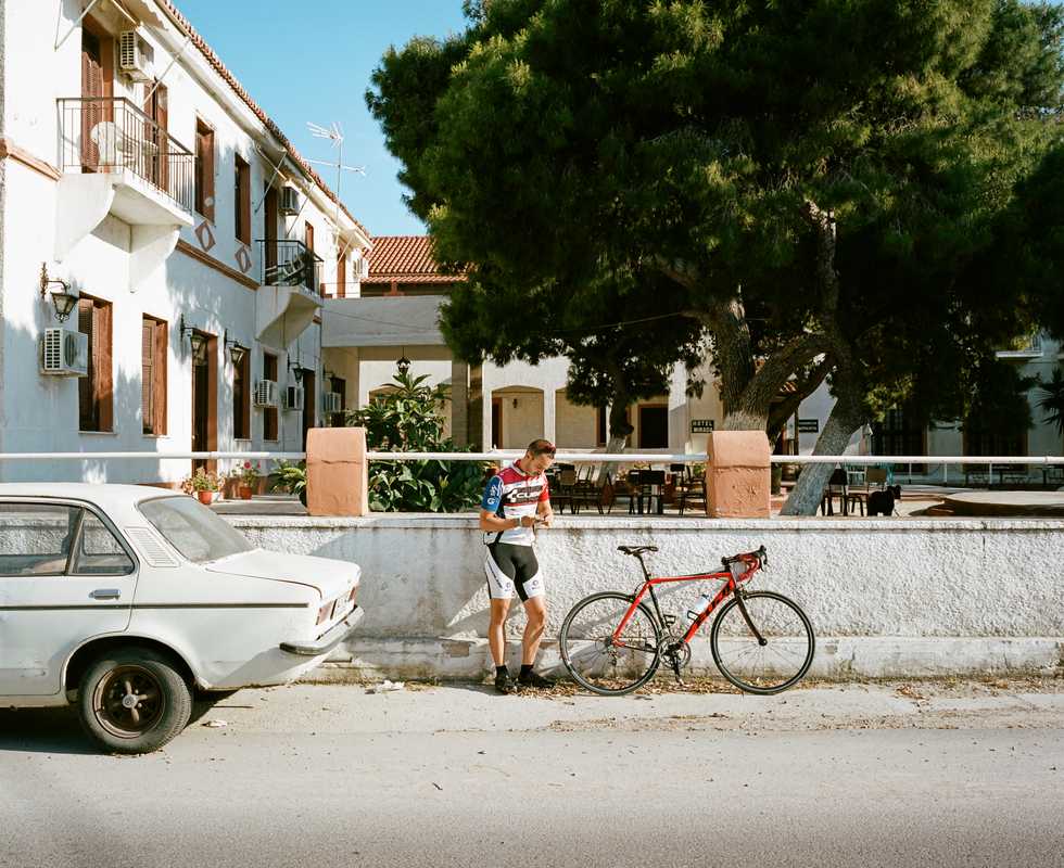 Nasos Kaldelis taking a break from cycling around the island 
