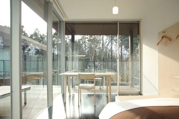 Desk in one of the 56 single rooms designed by Taiji Fujimori