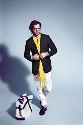  Jacket by Salvatore Ferragamo, polo shirt by Polo Ralph Lauren, trousers by Bottega Veneta, glasses by Claire Goldsmith “Legacy”, watch by Maurice Lacroix, scarf by Ballantyne for United Arrows, shoes by Church’s, bag by Bonfanti, belt by Class  