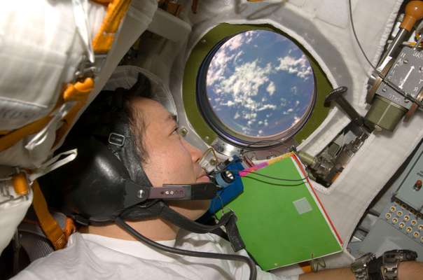 Wakata looks through the window on board the Soyuz TMA-14 spacecraft