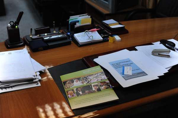 Erakat’s desk at his office in Ramallah 