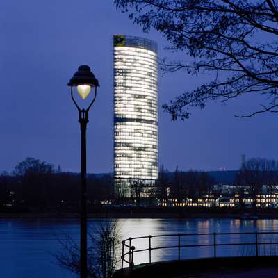 The Post Tower, which has glass elevators 