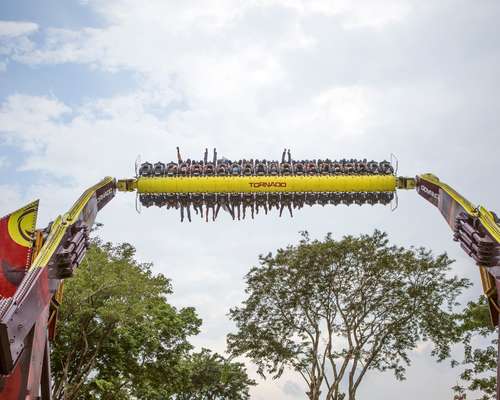Passengers enjoy Zamperla’s tilt-and-flip Windshear ride at the Dunia Fantasi amusement park in Jakarta