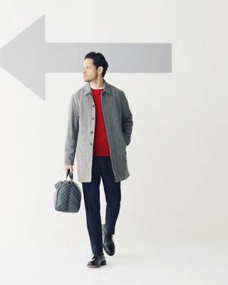 Coat by Valstar, jumper by Sunspel, shirt by Comoli, jeans by Tod’s, socks by United Arrows, shoes by Church’s, bag by Louis Vuitton