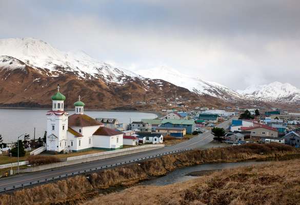 Hilltop view of Unalaska and the US's oldest Russian Orthodox church