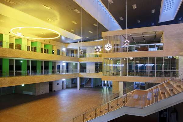 Central atrium with balconies and Olafur Eliasson art installation