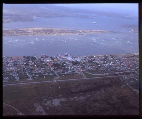 Stanley seen from a flight on FIGAS, the islands’ air taxi