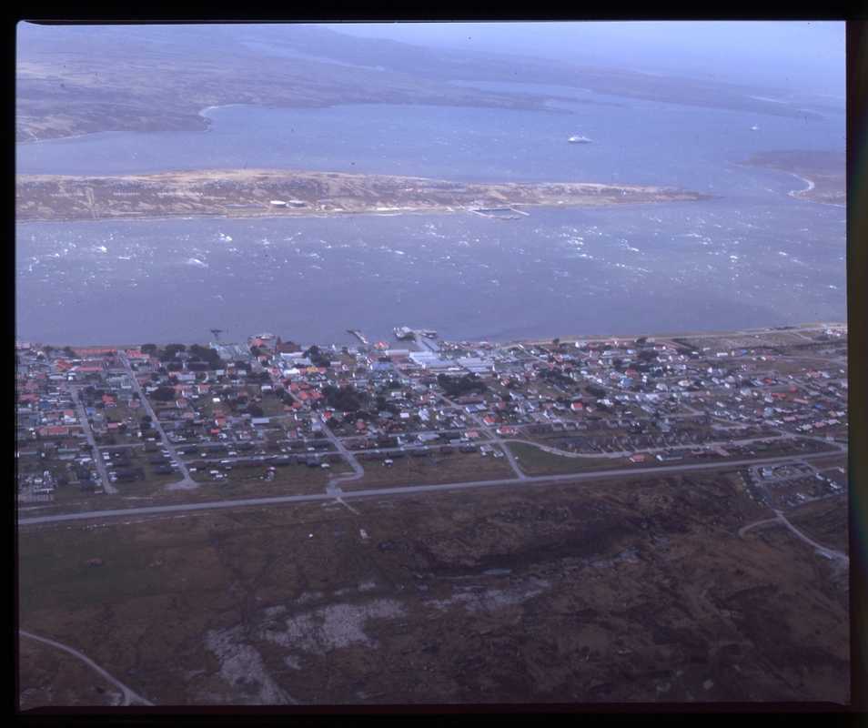 Stanley seen from a flight on FIGAS, the islands’ air taxi
