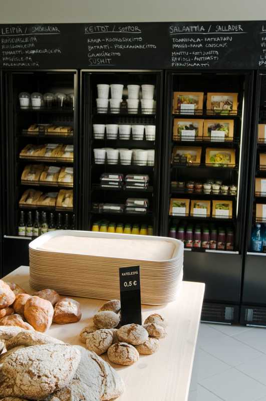 Bread displayed on Finnish pine tables 
