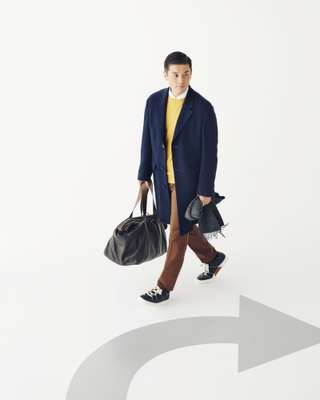 Coat, shirt, jumper, trousers, trainers, scarf and bag by Ermenegildo Zegna