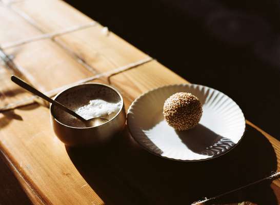 Sesame ball with shaved Vietnamese iced coffee