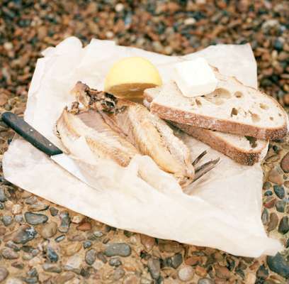 Kippers, lemon, brown bread and butter 