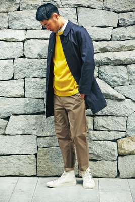 Coat by Mackintosh, jumper by H Beauty&Youth, shirt by Scye Basics, trousers by Undecorated Man,  trainers by Louis Vuitton