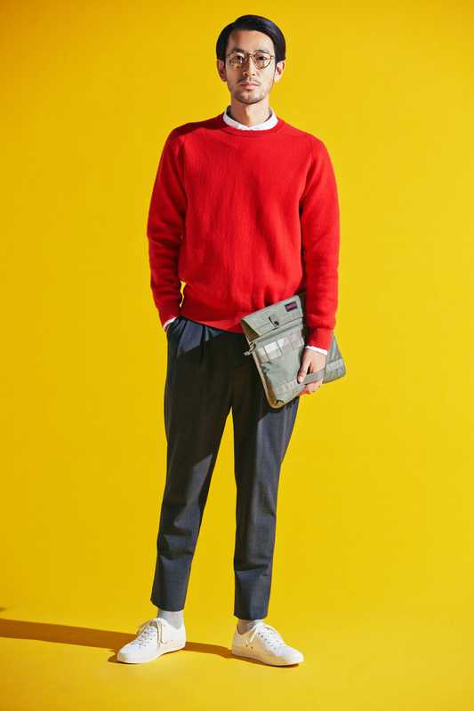 Jumper by Sloane from United Arrows, shirt by Steven Alan, trousers by Nonnative from Vendor, socks by Beams, trainers by Erik Schedin, glasses by Oliver Peoples,  bag by Briefing