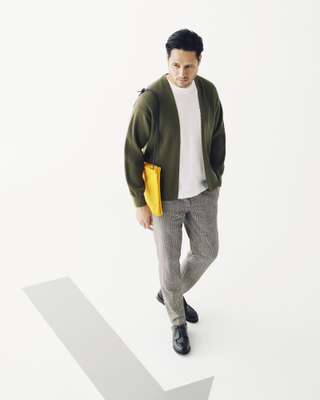 Cardigan by Batoner, t-shirt by Adam Et Ropé, trousers by Incotex, shoes by JM Weston, bag by 20/80 from Adam Et Rope