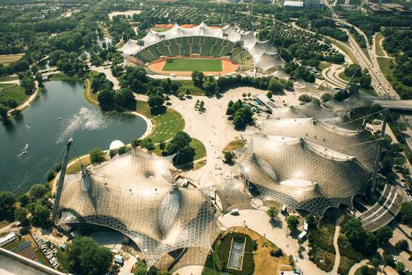 Birdseye view of Frei Otto’s spidery roofs