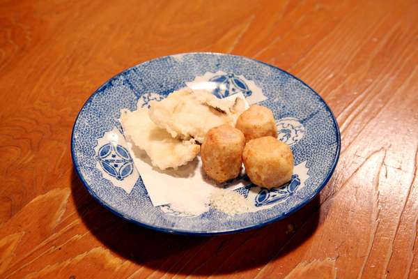  Tai (sea bream) tempura and deep-fried sato-imo (taro root)