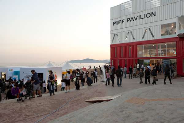 Film festival visitors outside the PIFF pavilion