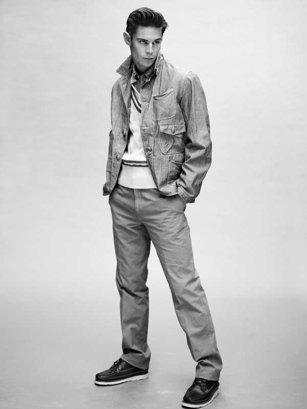 Jacket and shirt by Engineered Garments, tank top by Nigel Cabourn, trousers by Piombo, shoes by Yuketen