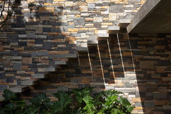 A stairway leading to the wooden rooftop