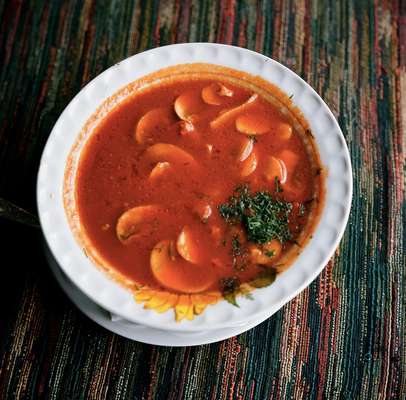 Spicy tomato soup with mushrooms