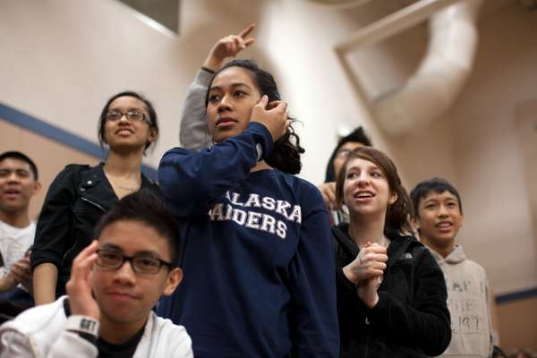 Unalaska High School students cheering on the Unalaska Raiders basketball team
