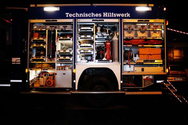 A bespoke THW truck brimming with tools and machinery