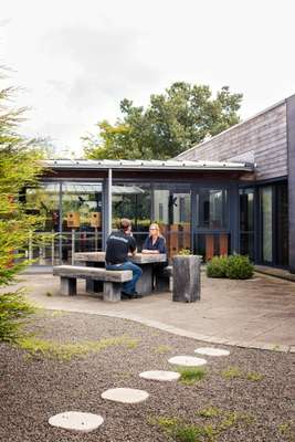 Taking a break in the office courtyard